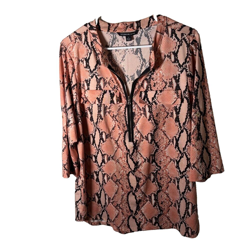 Zac & Rachel Blouse Women's 1X Pink 1/4 Zip Snake Printed 3/4 Sleeve Top Shirt